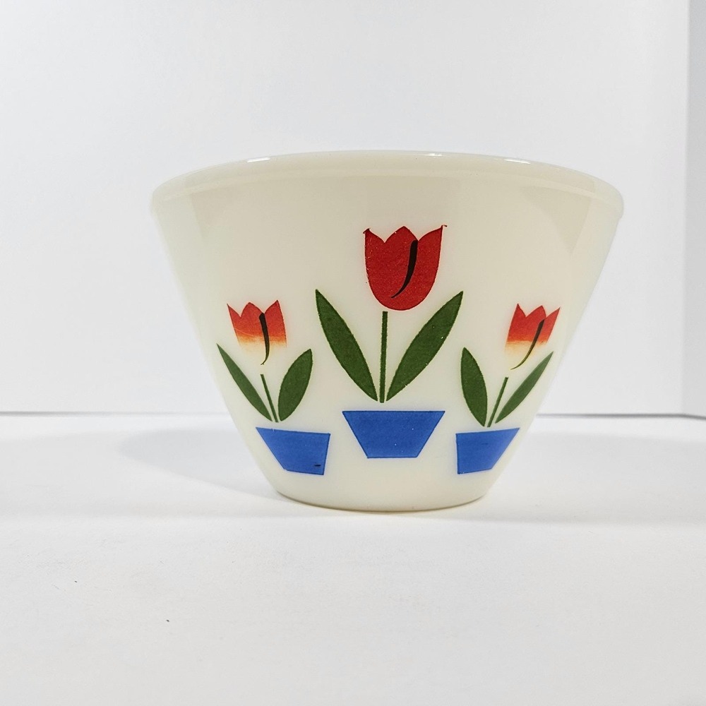 Fire-King Tulip Milk Glass Mixing Bowl Red Blue Flower Vintage Mid-Century 7.5" - Picture 3 of 9
